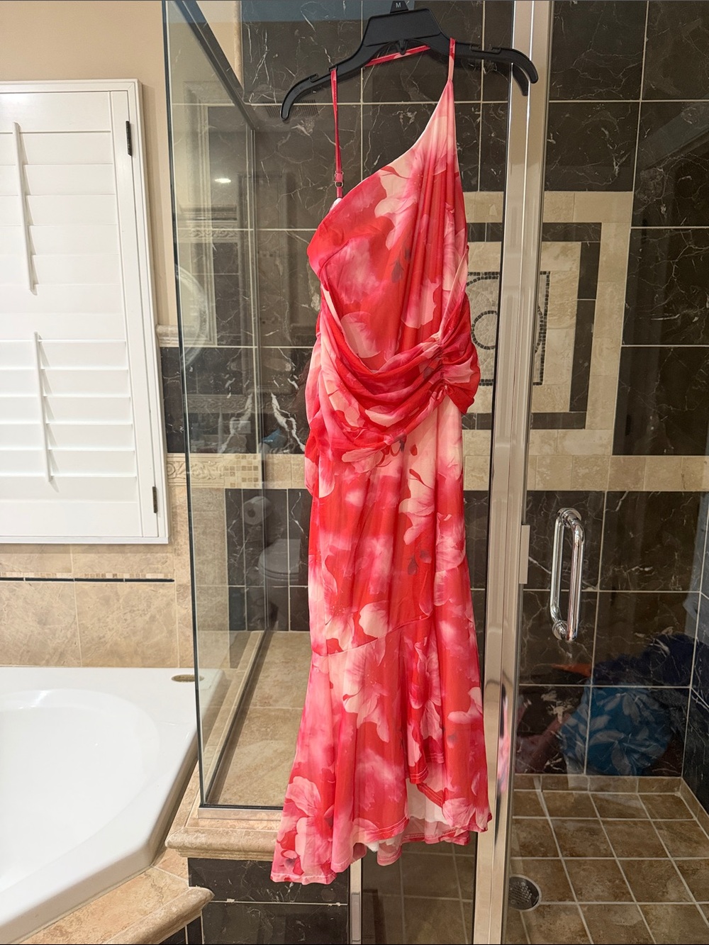 Asymmetrical One-Shoulder Pink Floral Dress